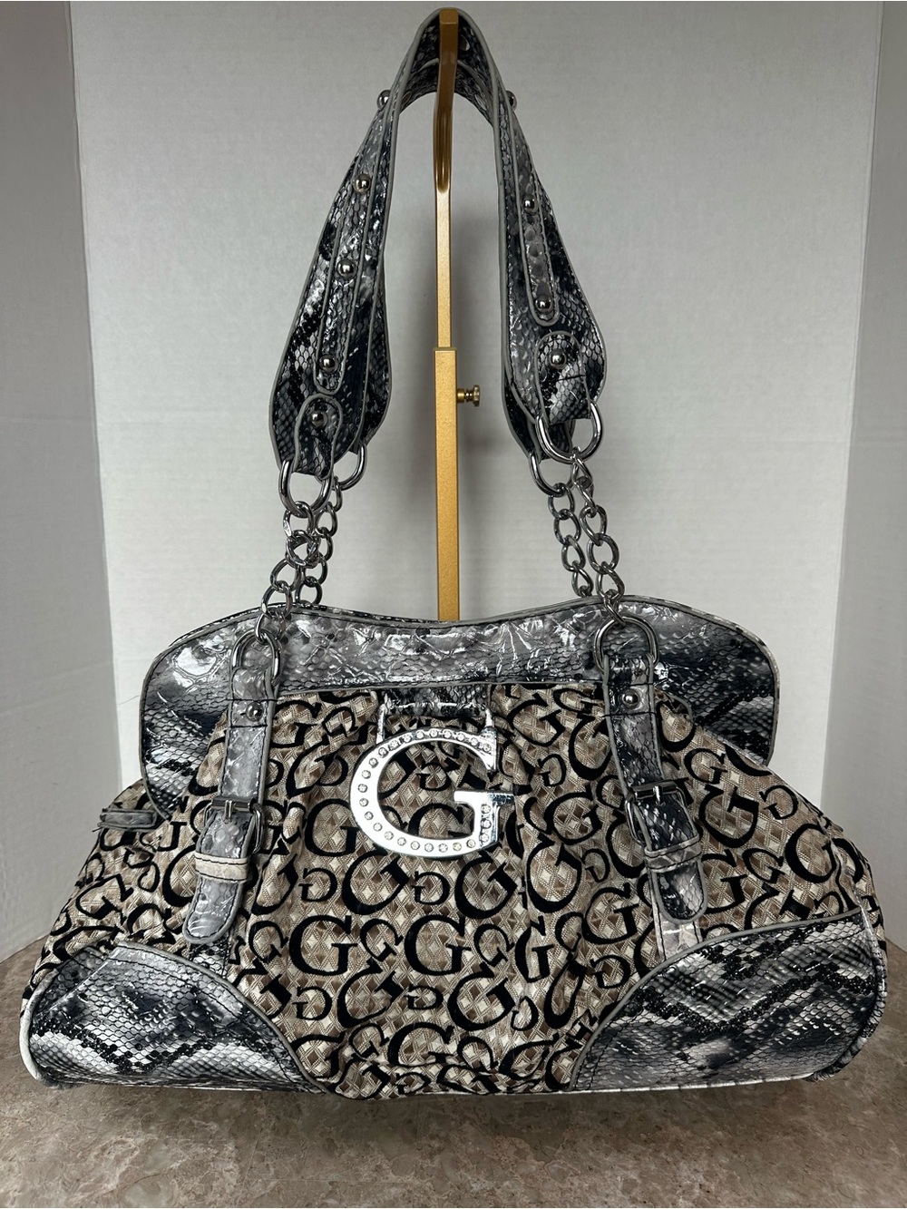 VTG Guess Y2K Black G Monogram Satchel Bag Y2K Mcbling Chain Shoulder Bag
